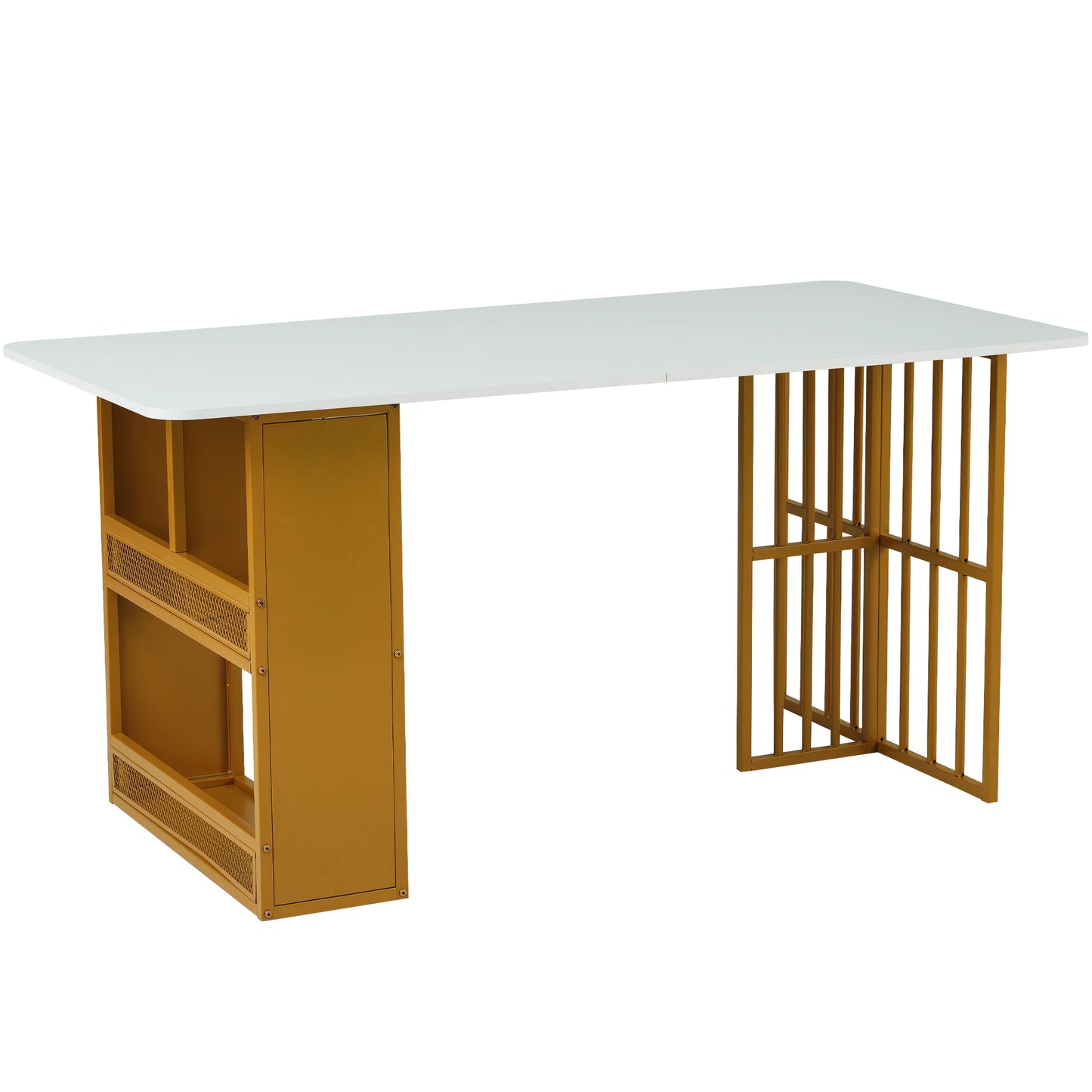 Modernt vitt matbord med gulddetaljer och förvaring – 6 stolar