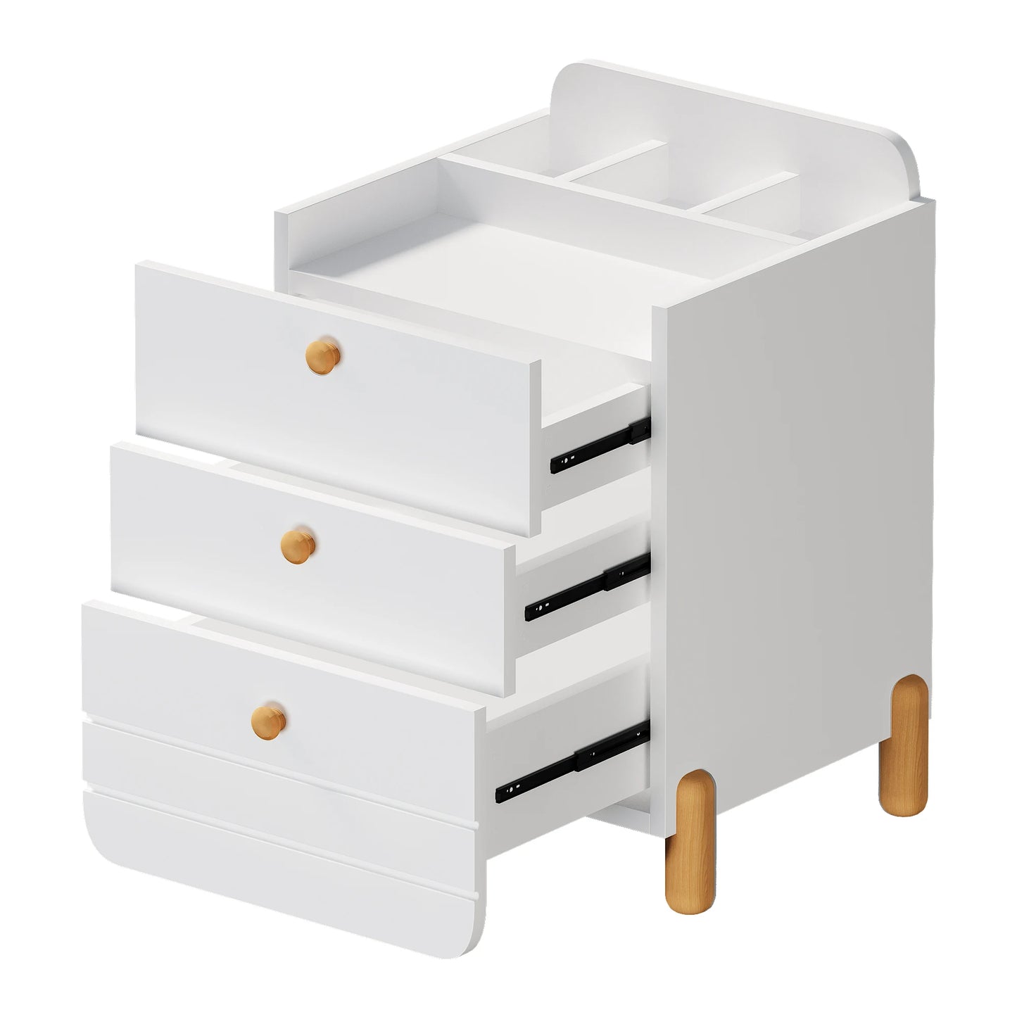 Sängbord med 3 lådor och hyllor – Tyst låddesign, eleganta träfärgade ben, vitt