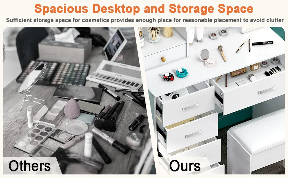 Sminkbord med 10 LED-lampor, skjutbar spegel, 6 lådor och pall – Yamissi/Onesaimei