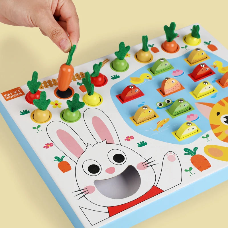 Multifunktionell Montessori-fiskeleksak med morotsskörd och matningsspel