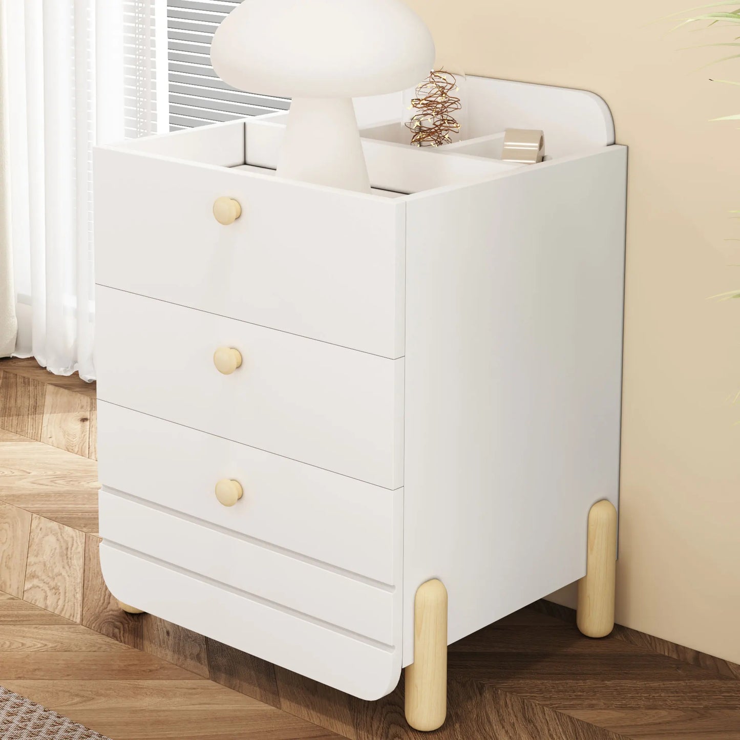 Sängbord med 3 lådor och hyllor – Tyst låddesign, eleganta träfärgade ben, vitt