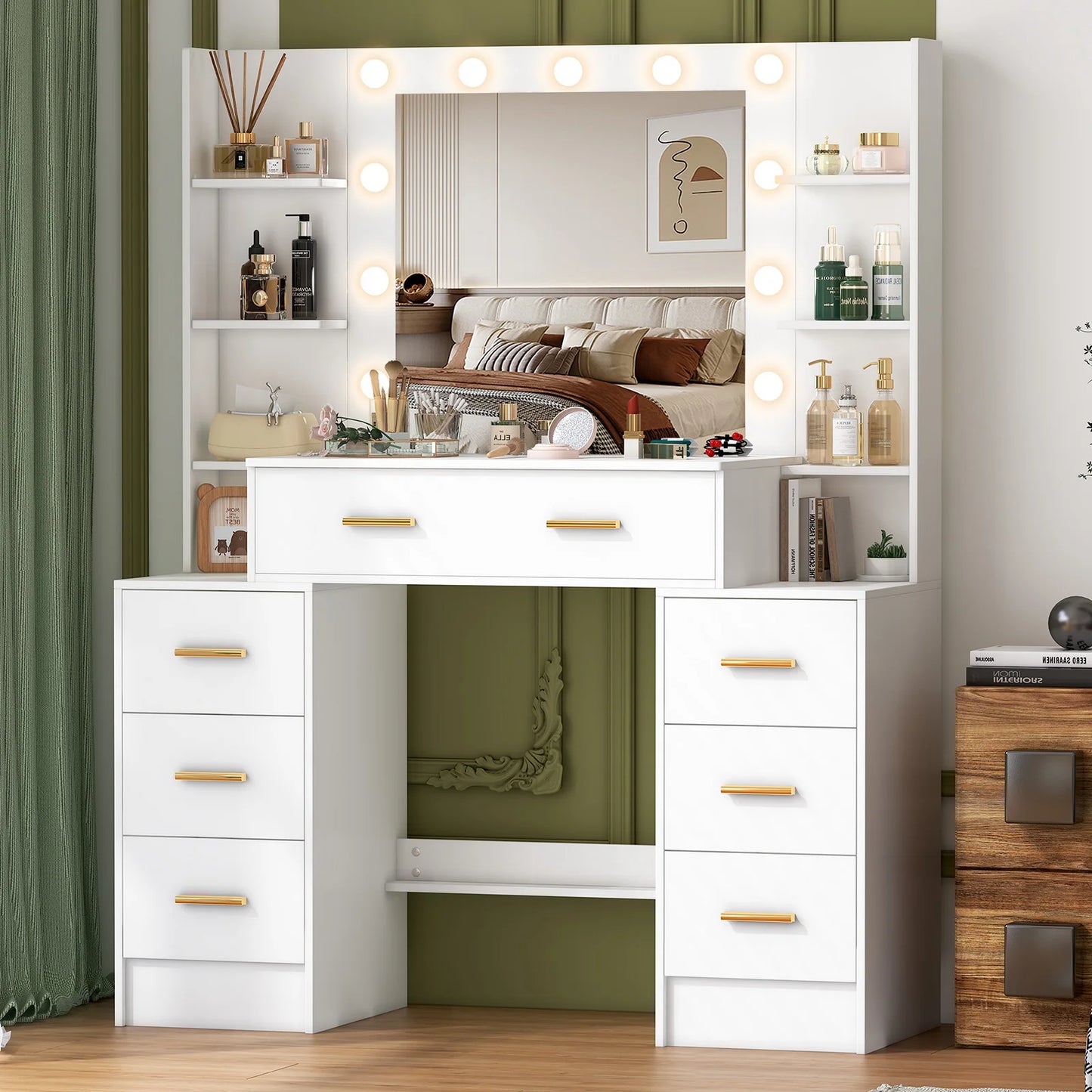 Sminkbord med stor spegel, 11 LED-lampor och 7 lådor – Yamissi/Onesaimei