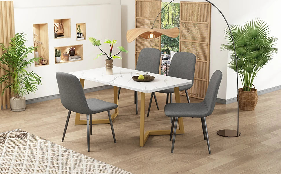 Lyxig Matgrupp (5 delar) – Grå Linnestolar & Vit Marmorbordsskiva