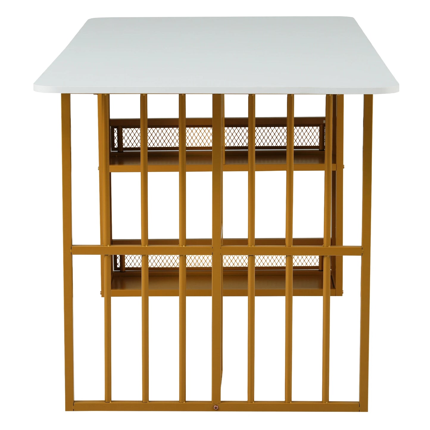 Modernt vitt matbord med gulddetaljer och förvaring – 6 stolar