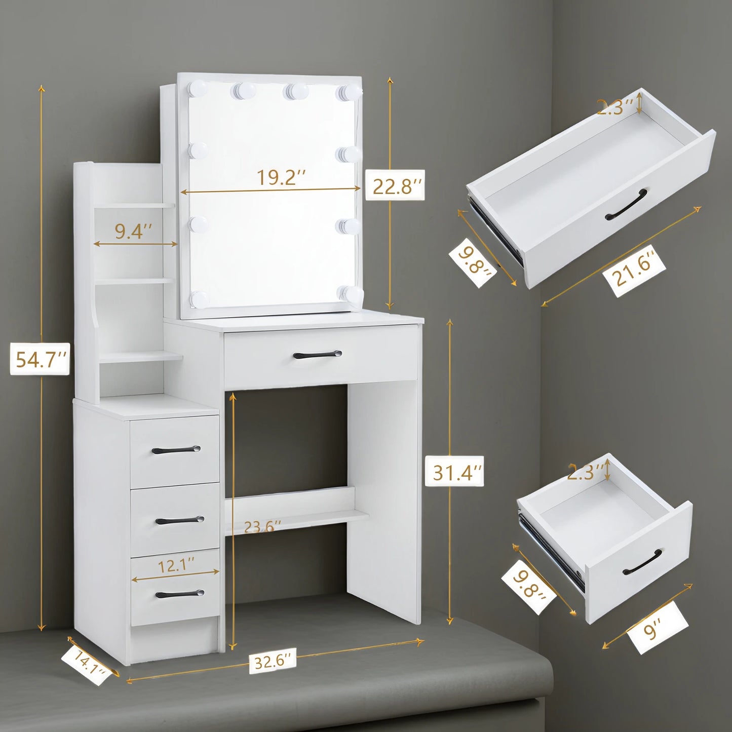 Sminkbord med LED-spegel & Pall – Modern Design med Smart Förvaring (83 × 36 × 139 cm)