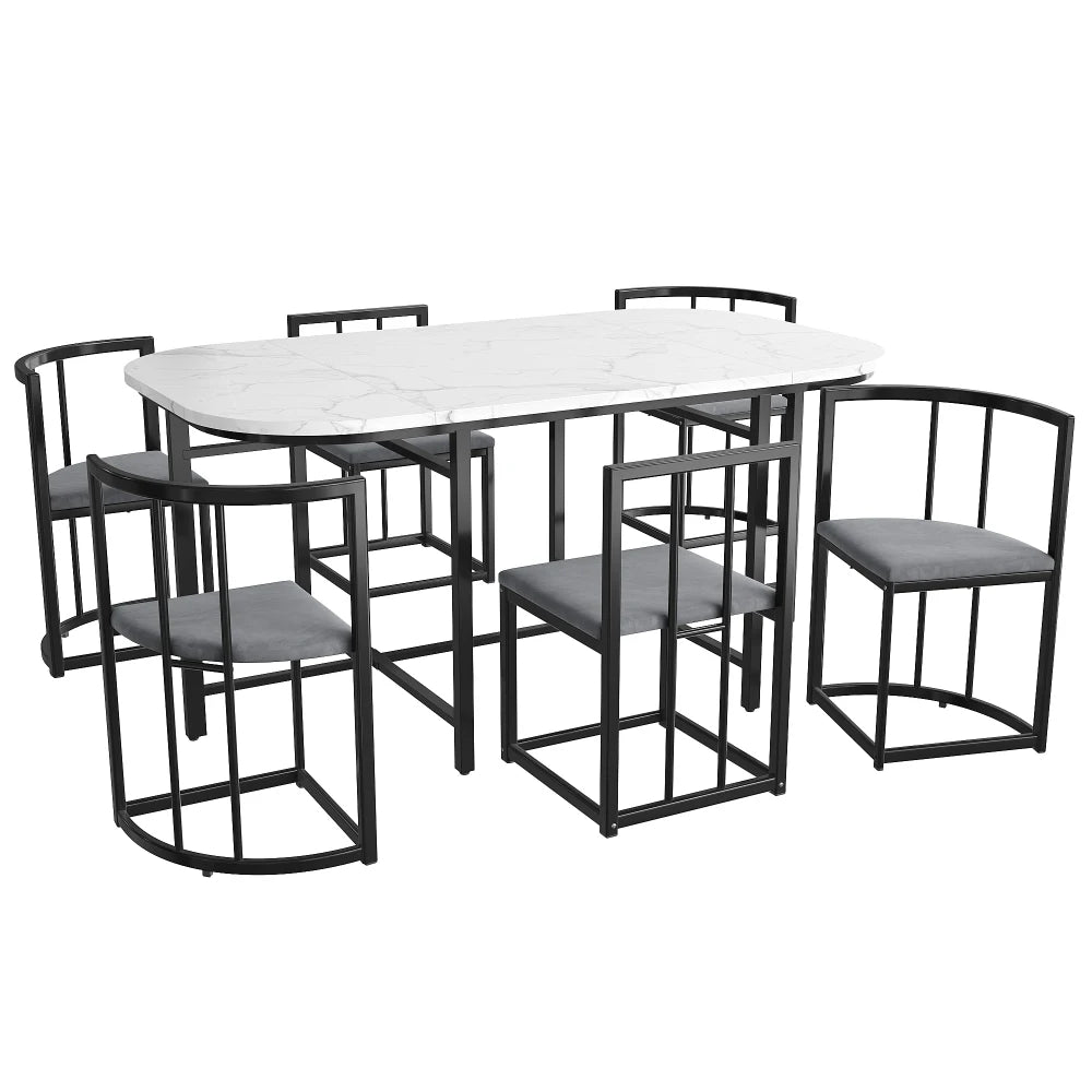 Lyxig Matgrupp med 6 Stolar – Vit Bordsskiva & Guldfärgad Ram