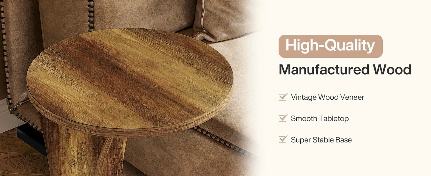 Tribesigns C-formad rund sidobord – 2-nivå rustikt soffbord, 19" med stabil bas