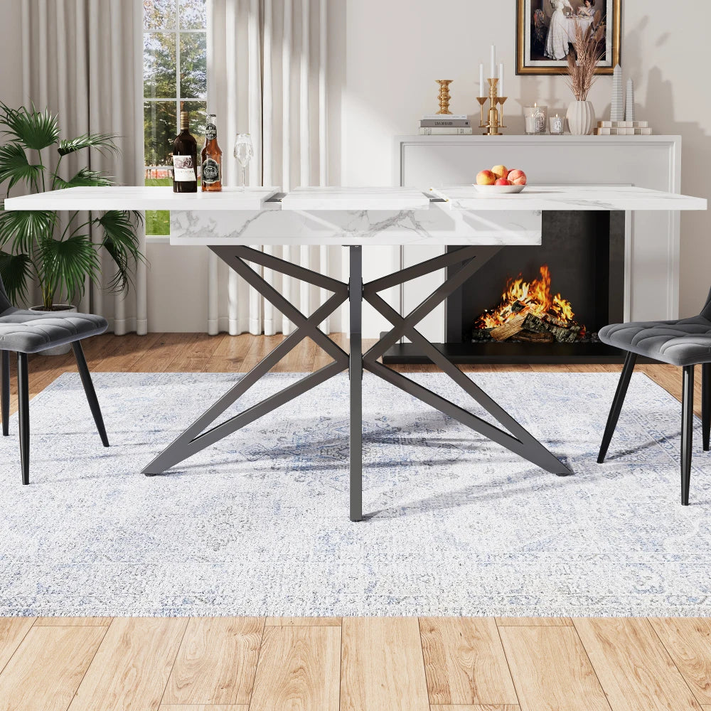 Utdragbart matbord 120–160 × 80 cm – vit marmoreffekt med svarta metallben