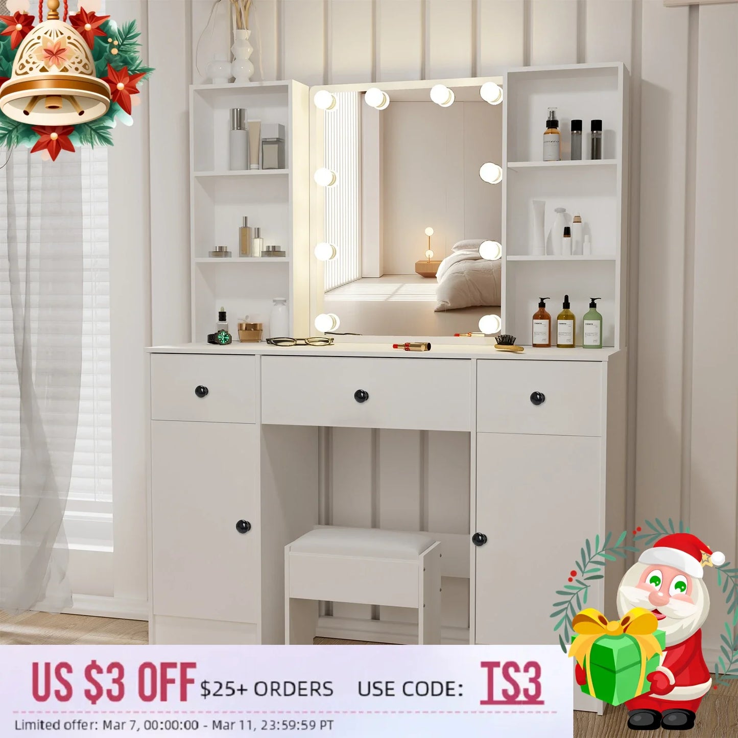 Sminkbord med LED-spegel, 3 lådor och förvaringsskåp – Yamissi/Onesaimei