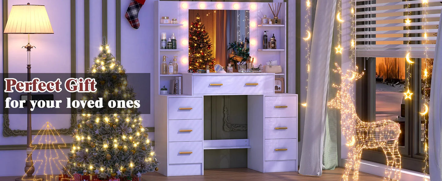 Sminkbord med stor spegel, 11 LED-lampor och 7 lådor – Yamissi/Onesaimei