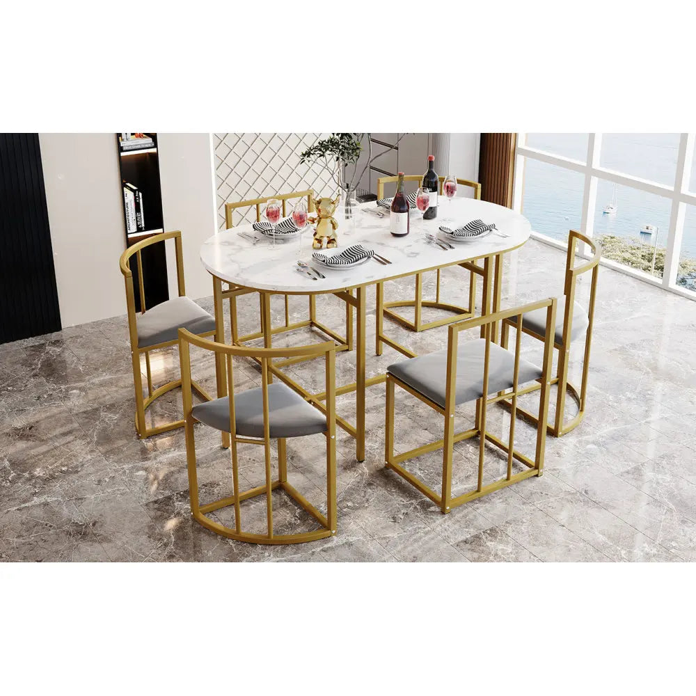 Lyxig Matgrupp med 6 Stolar – Vit Bordsskiva & Guldfärgad Ram