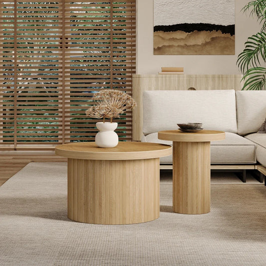 2-delat Runt Soffbordset – Naturlig Trälook – 66 & 40 cm – Modern & Rustik Design