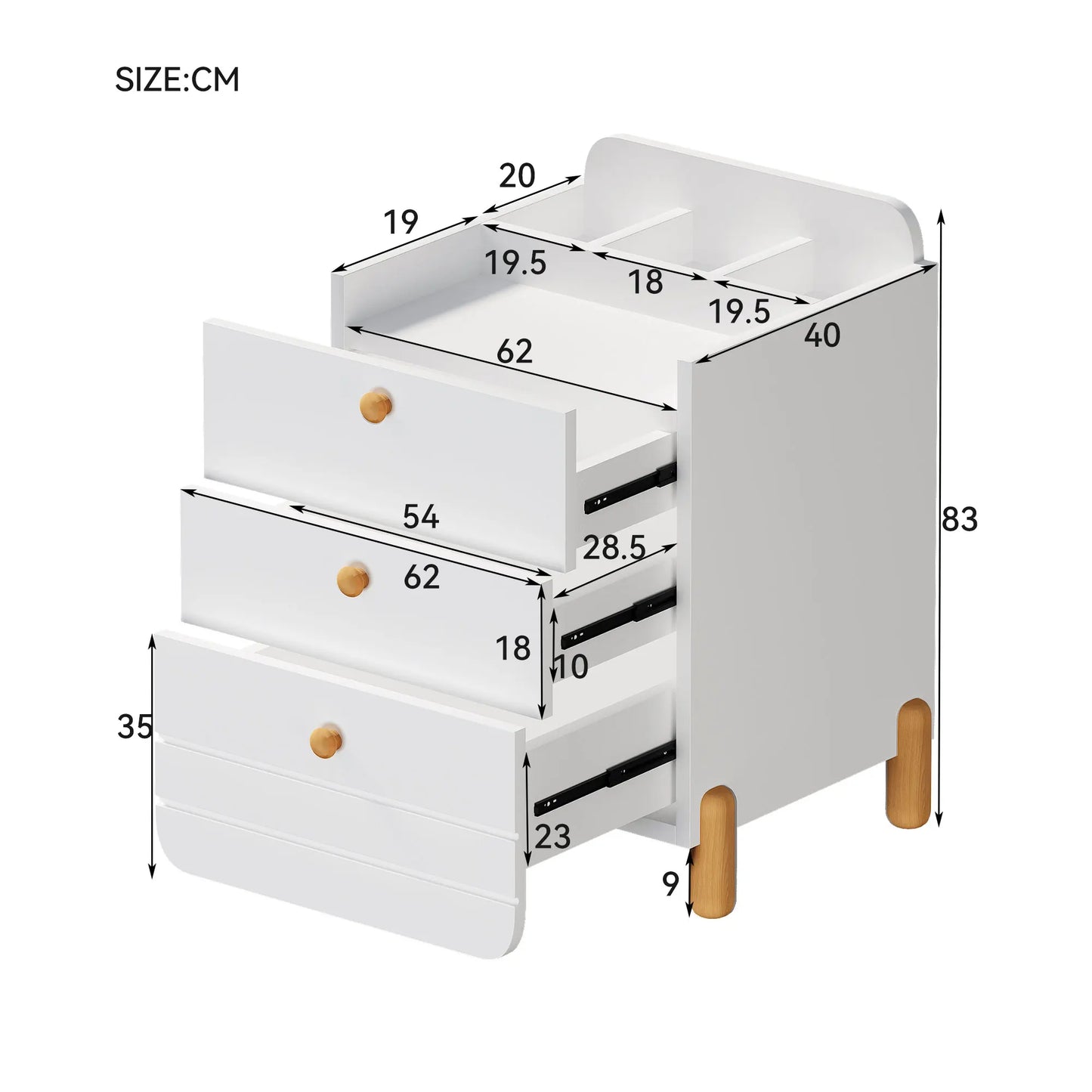 Sängbord med 3 lådor och hyllor – Tyst låddesign, eleganta träfärgade ben, vitt