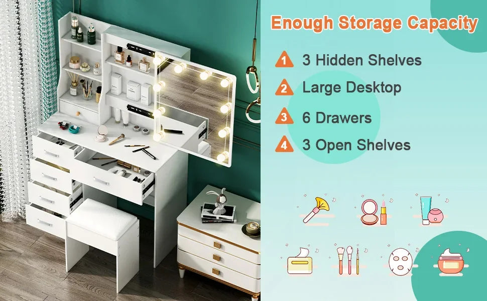 Sminkbord med 10 LED-lampor, skjutbar spegel, 6 lådor och pall – Yamissi/Onesaimei