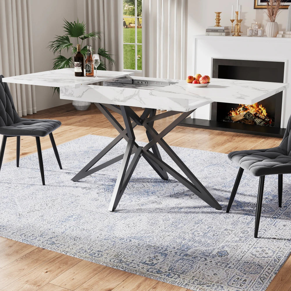 Utdragbart matbord 120–160 × 80 cm – vit marmoreffekt med svarta metallben