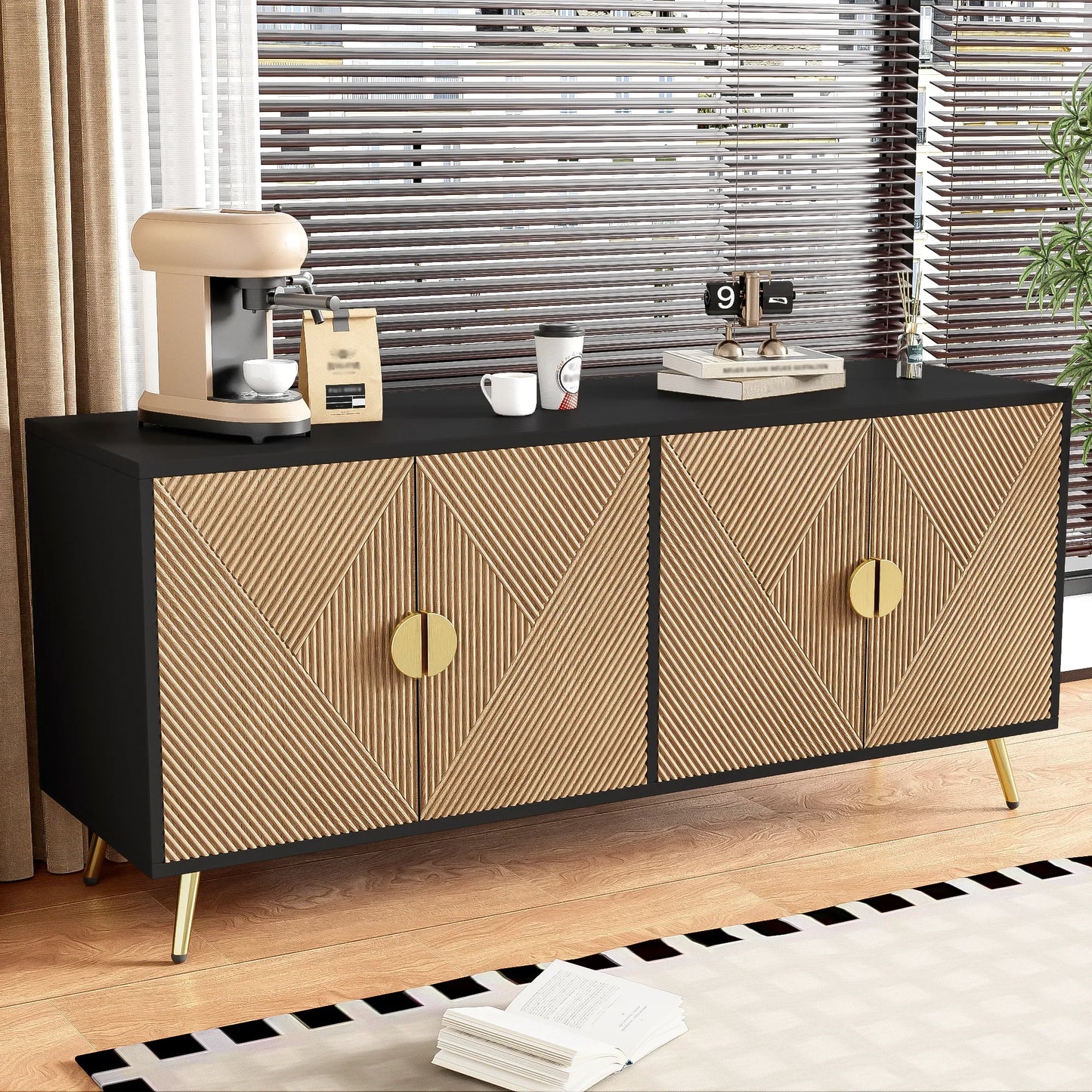 Sideboard 160 cm – Svart & Trä med Guldhandtag och Högglansiga Ben