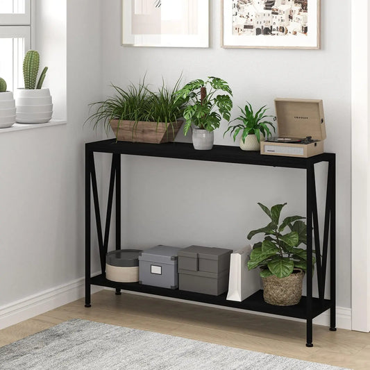 2-Vånings Konsolbord – Smal Design med V-Stöd – 109×25×76 cm – Svart / Retro