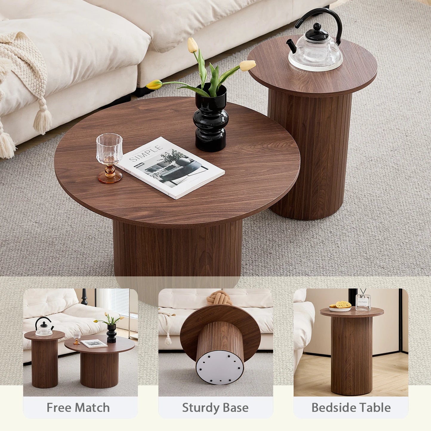 Set med 2 Runda Soffbord i Nordisk Stil – Trälook / Marmormönster