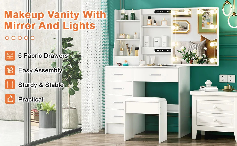 Sminkbord med 10 LED-lampor, skjutbar spegel, 6 lådor och pall – Yamissi/Onesaimei