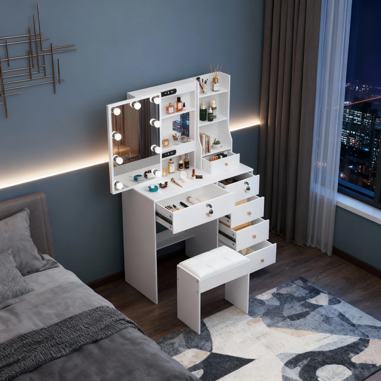 Sminkbord med LED-spegel & Pall – 80 cm med 6 Lådor och Hyllor