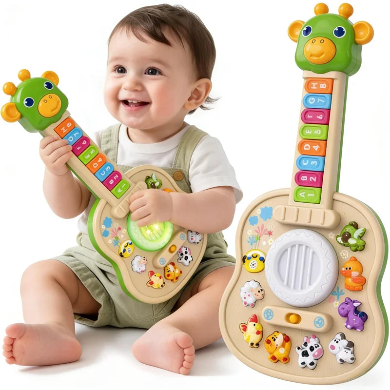Elektronisk giraffgitarr med piano, djurljud och melodier