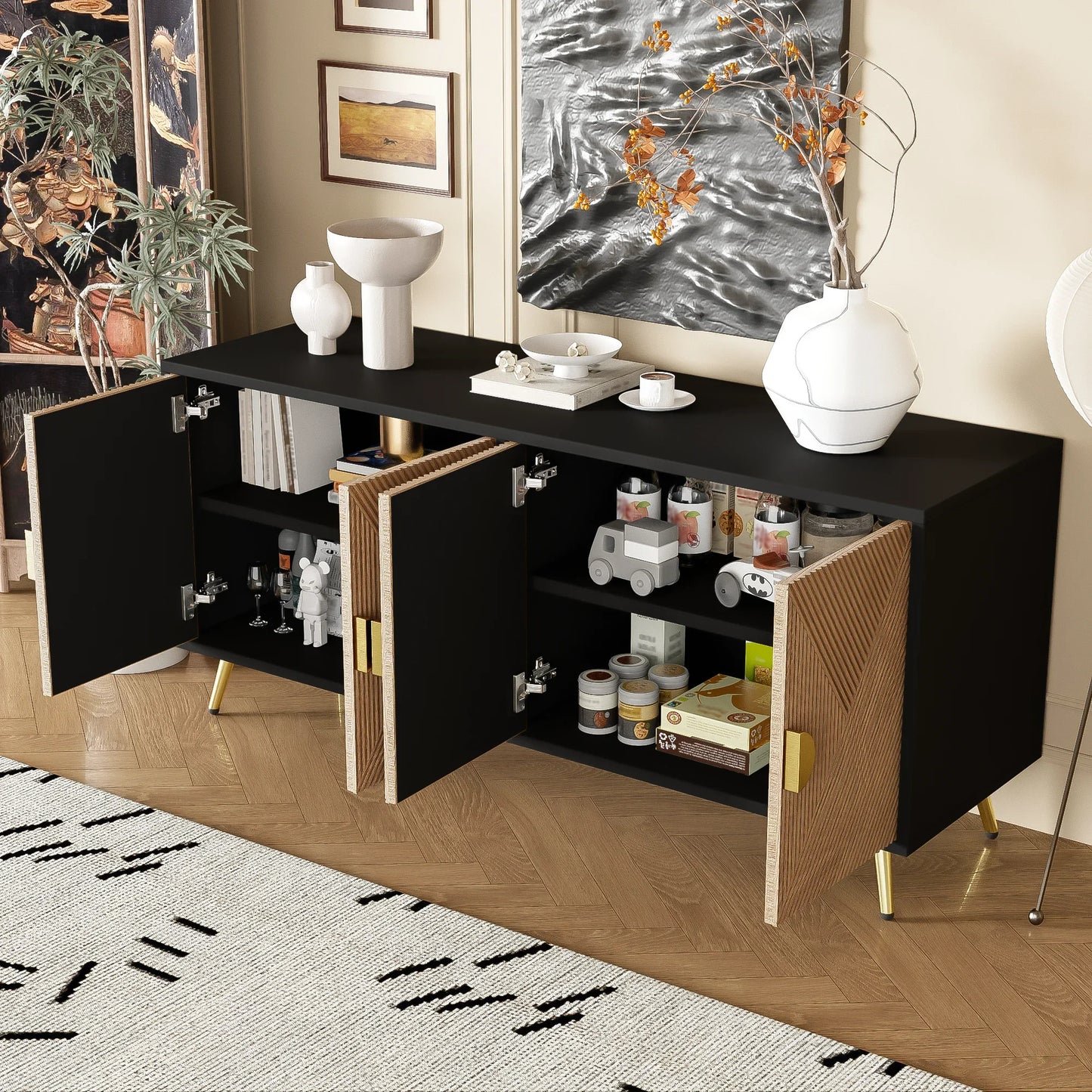 Sideboard 160 cm – Svart & Trä med Guldhandtag och Högglansiga Ben