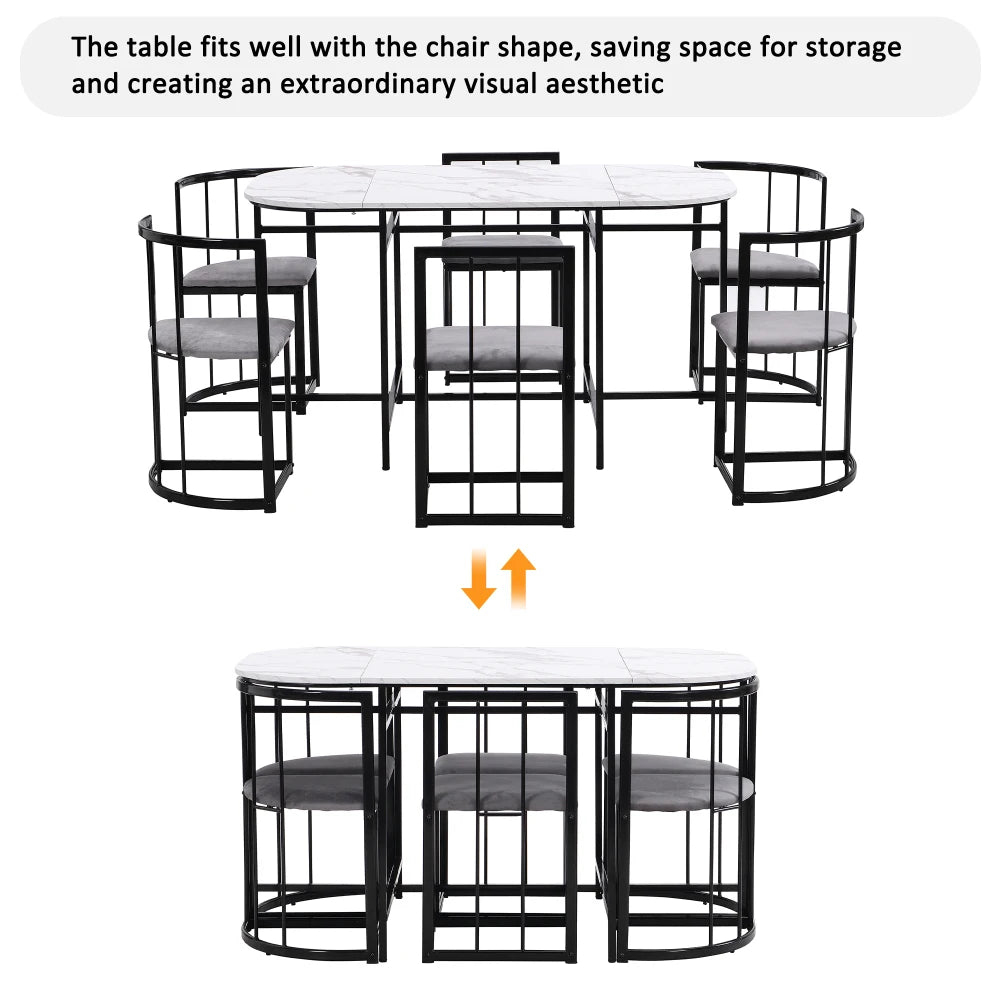 Lyxig Matgrupp med 6 Stolar – Vit Bordsskiva & Guldfärgad Ram