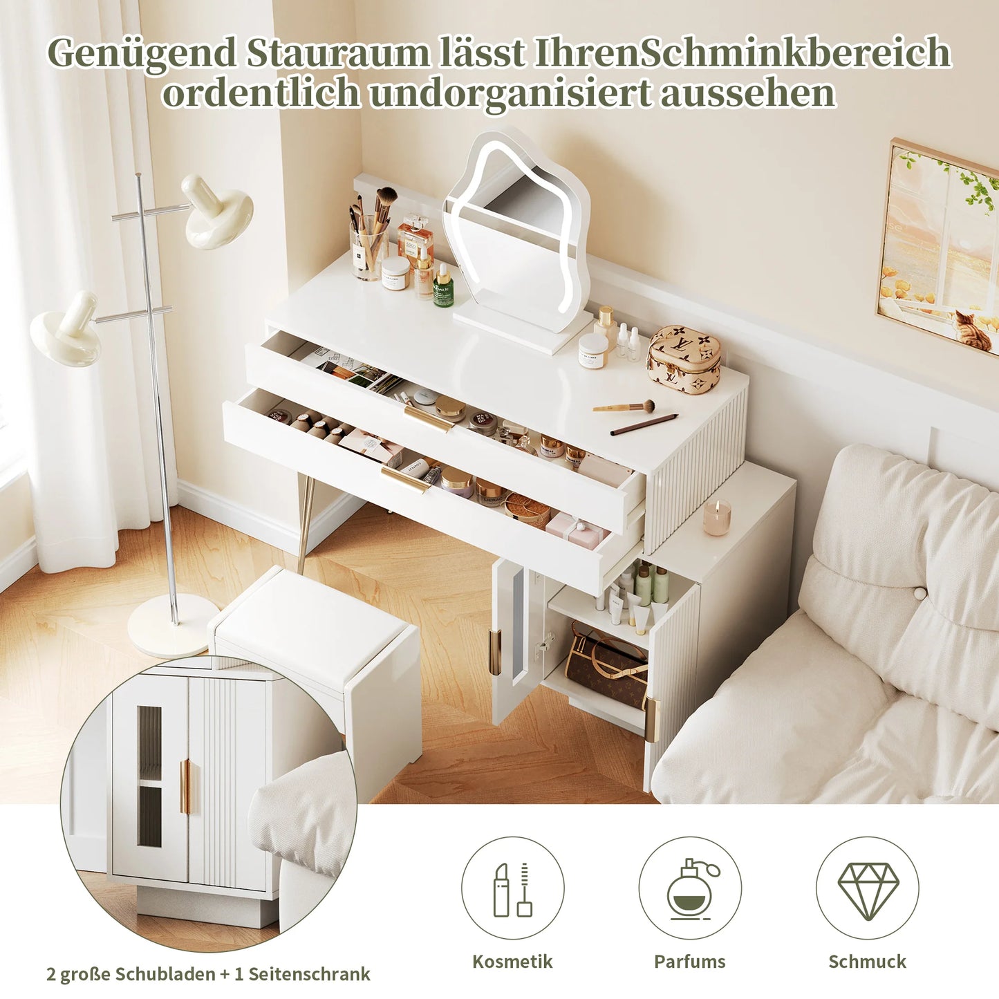 Sminkbord med LED-spegel – Modern Vit Design med Utdragbar Funktion