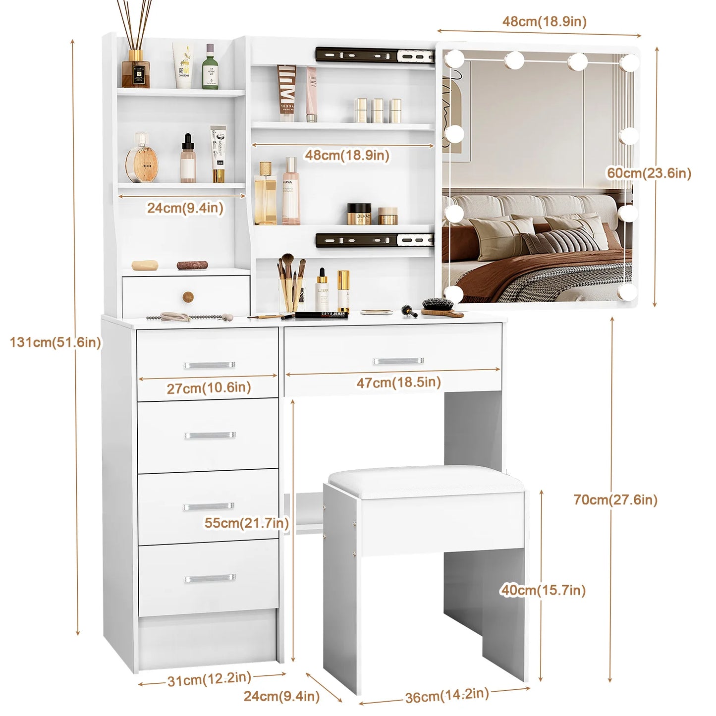 Sminkbord med 10 LED-lampor, skjutbar spegel, 6 lådor och pall – Yamissi/Onesaimei
