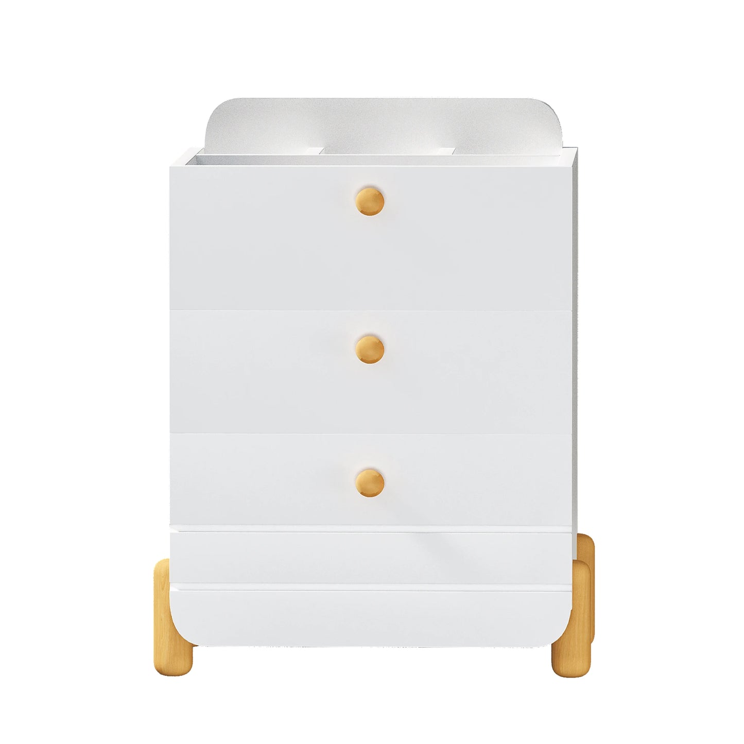 Sängbord med 3 lådor och hyllor – Tyst låddesign, eleganta träfärgade ben, vitt