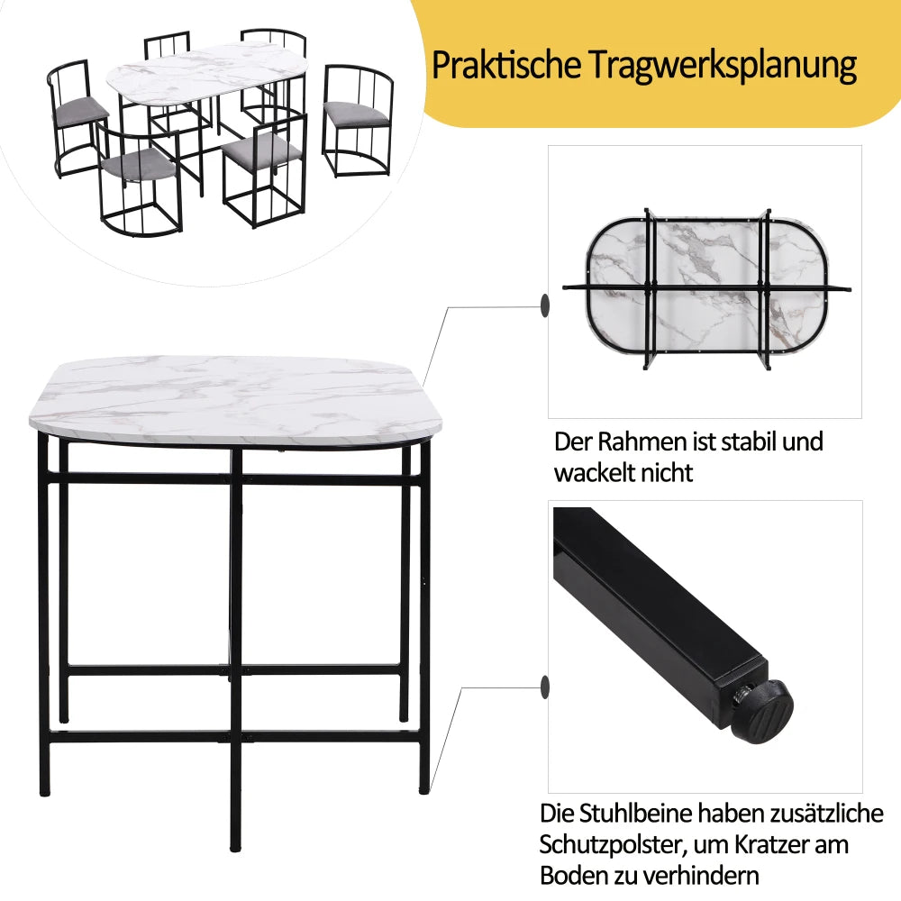 Lyxig Matgrupp med 6 Stolar – Vit Bordsskiva & Guldfärgad Ram