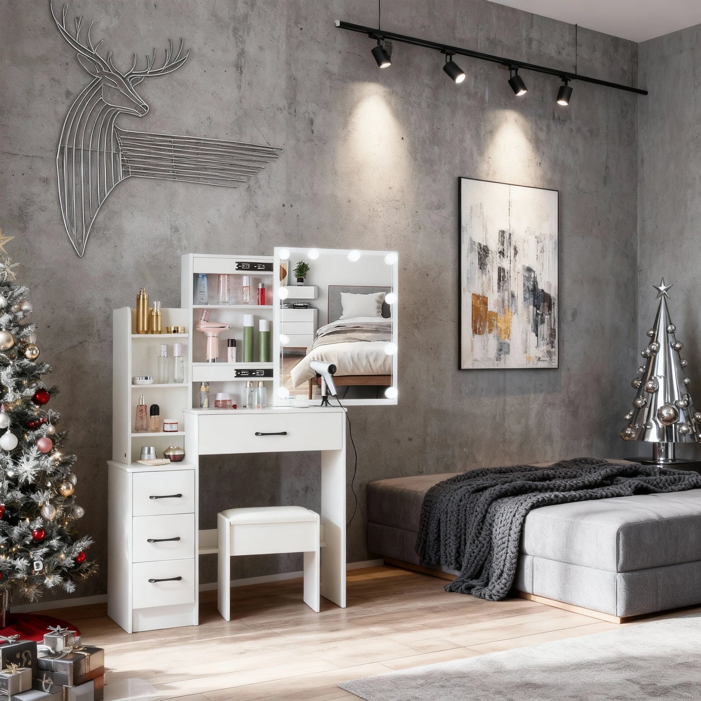 Sminkbord med LED-spegel & Pall – Modern Design med Smart Förvaring (83 × 36 × 139 cm)