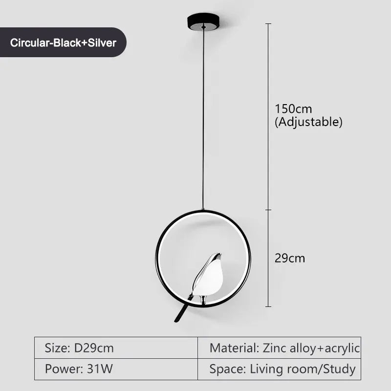 Roterbar LED-pendellampa med skata – modern taklampa i metall