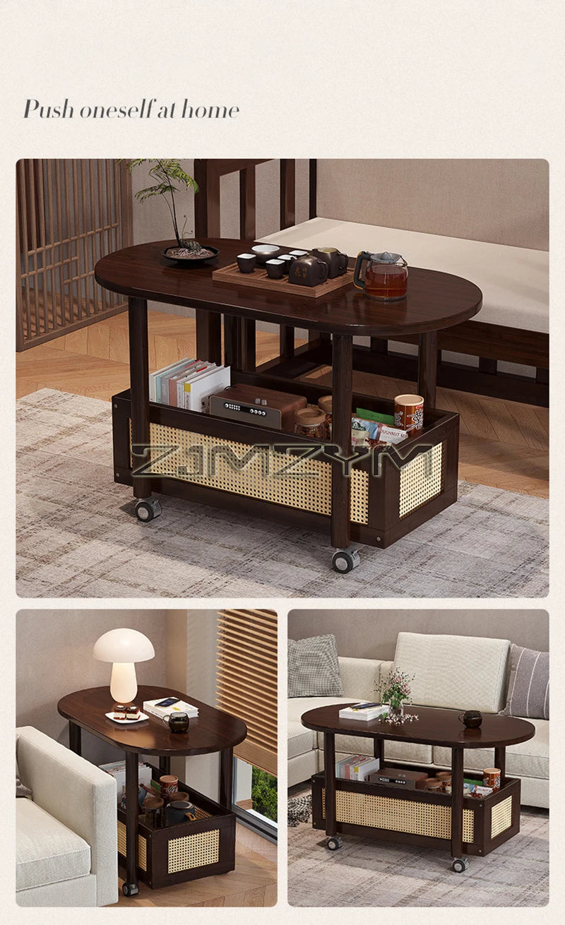 Mobil Soffbord – Dubbellagers Förvaring, Antik Stil, Sidobord för Vardagsrum