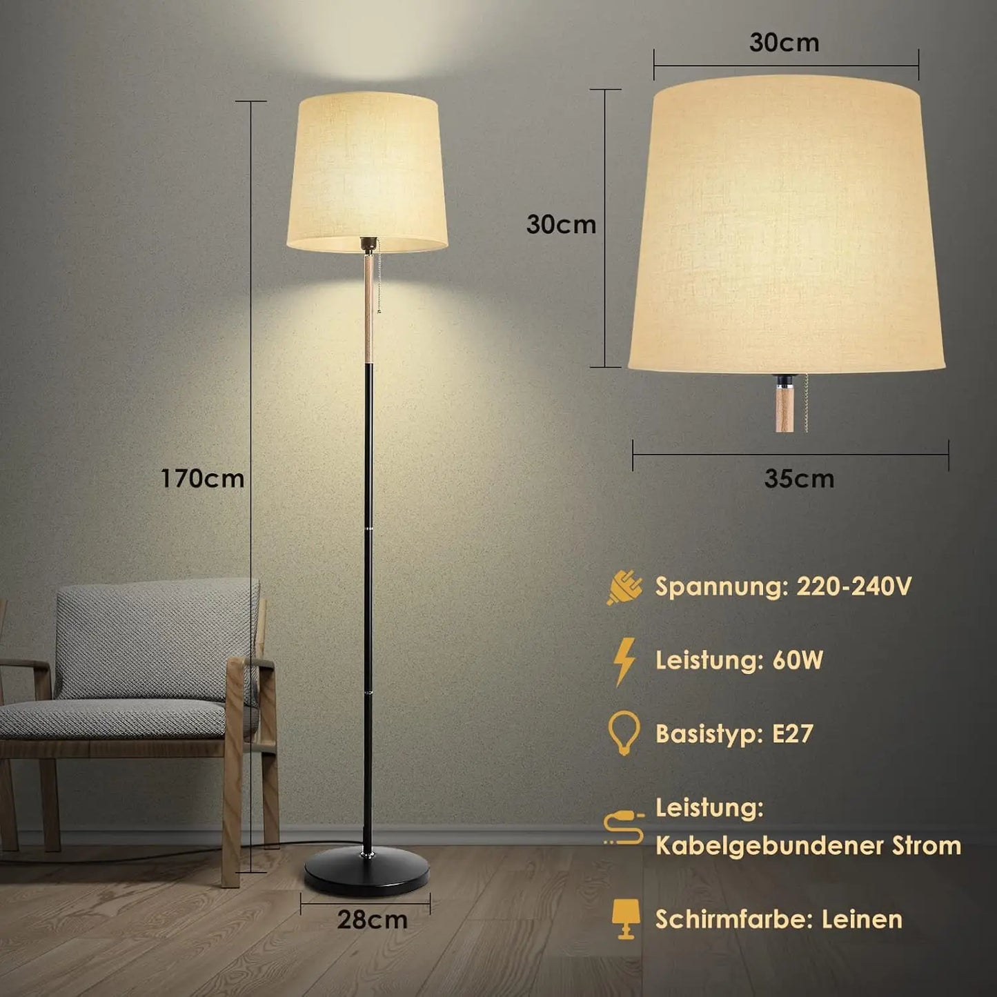 Modern Golvlampa 170 cm Beige med Tygskärm E27