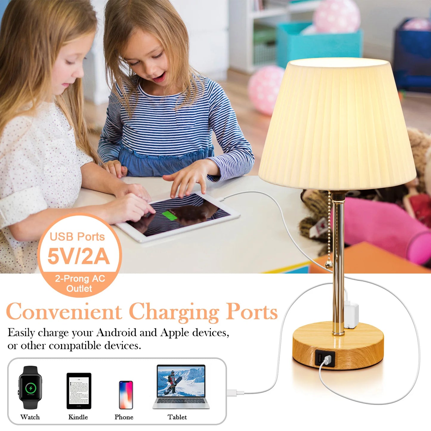 LED Sängbordslampa med USB-C-laddningsport – Modern bordslampa med tygskärm och dragströmbrytare