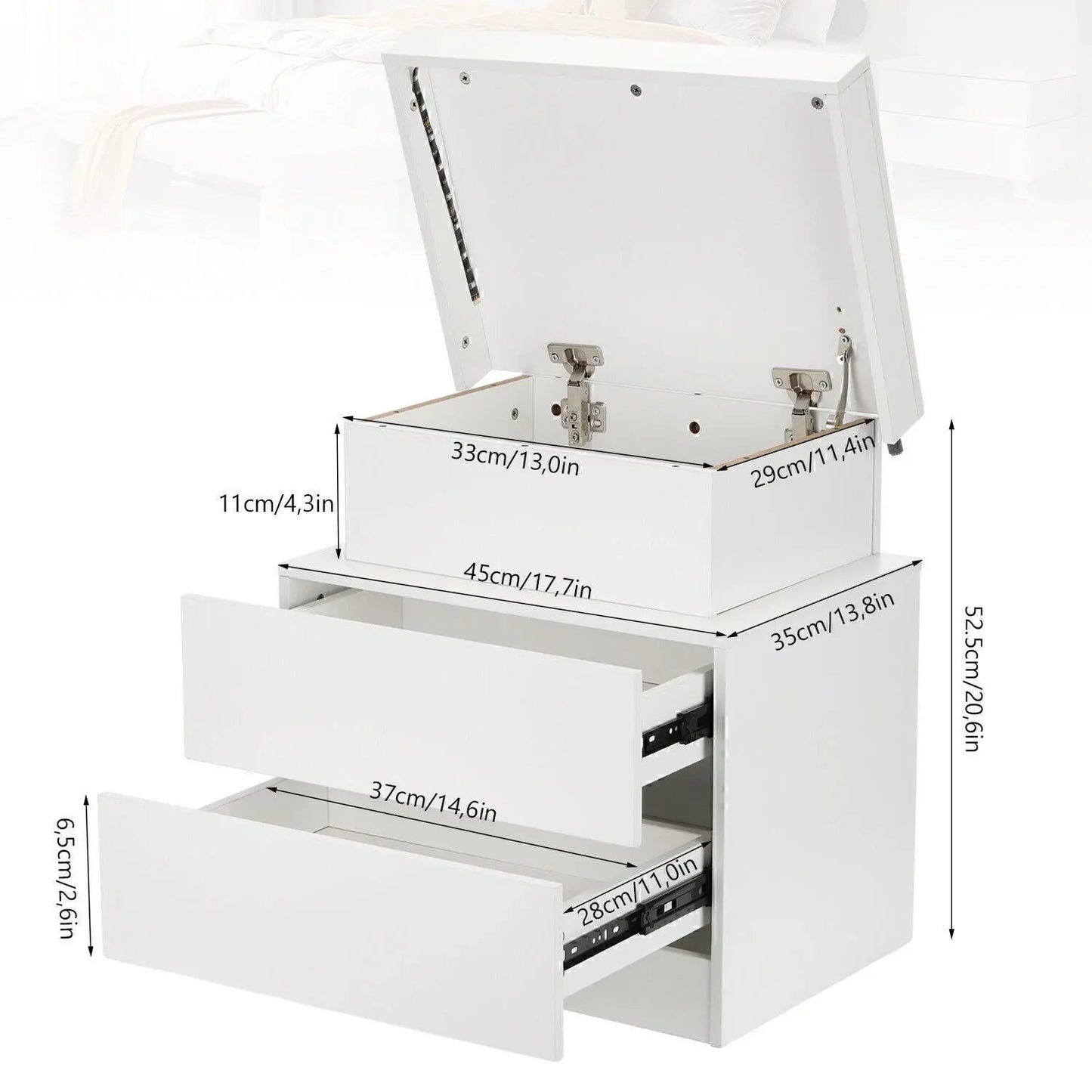 Vitt sängbord med 2 lådor + toppfack – Högglans på alla sidor, RGB LED-belysning, 55 cm