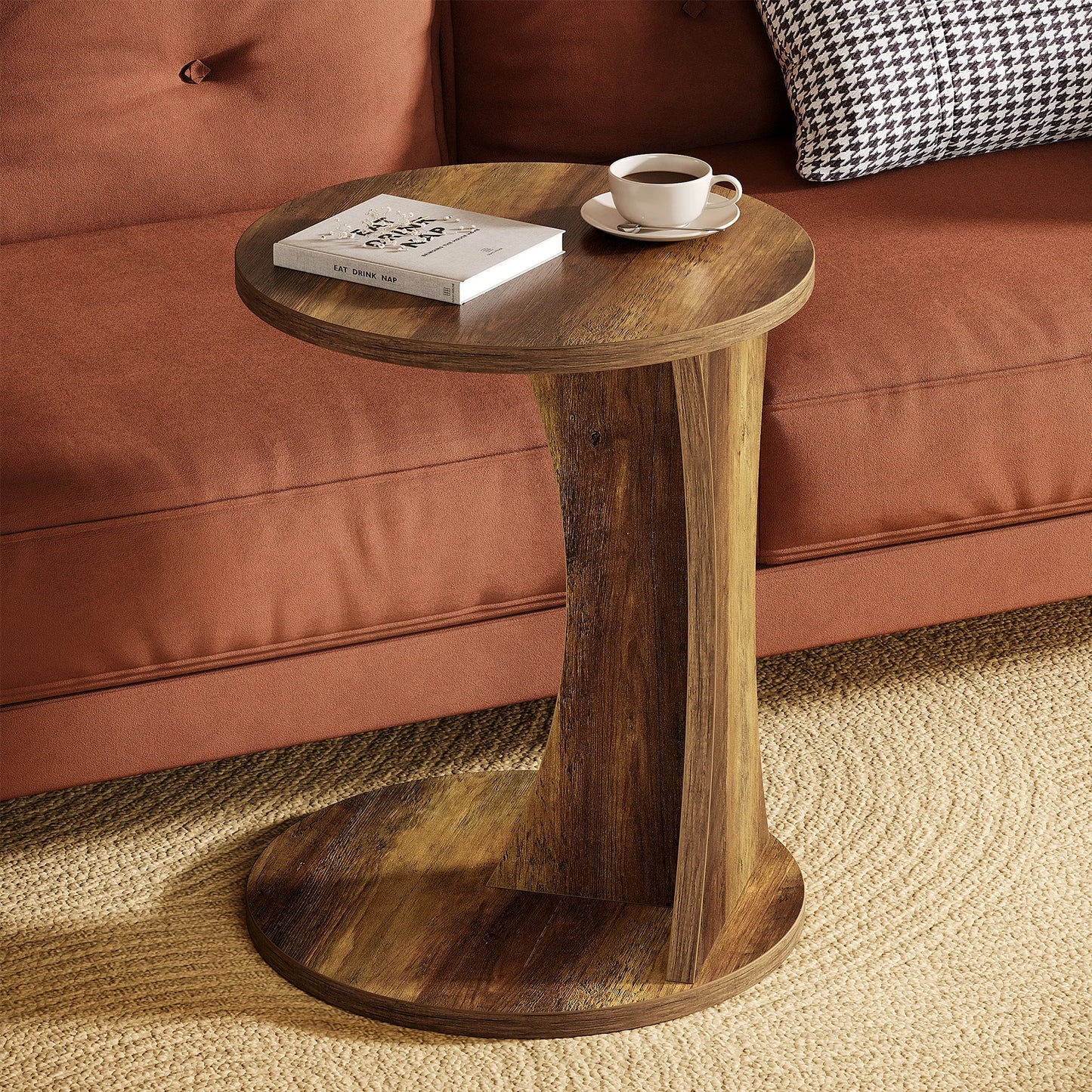 Tribesigns C-formad rund sidobord – 2-nivå rustikt soffbord, 19" med stabil bas