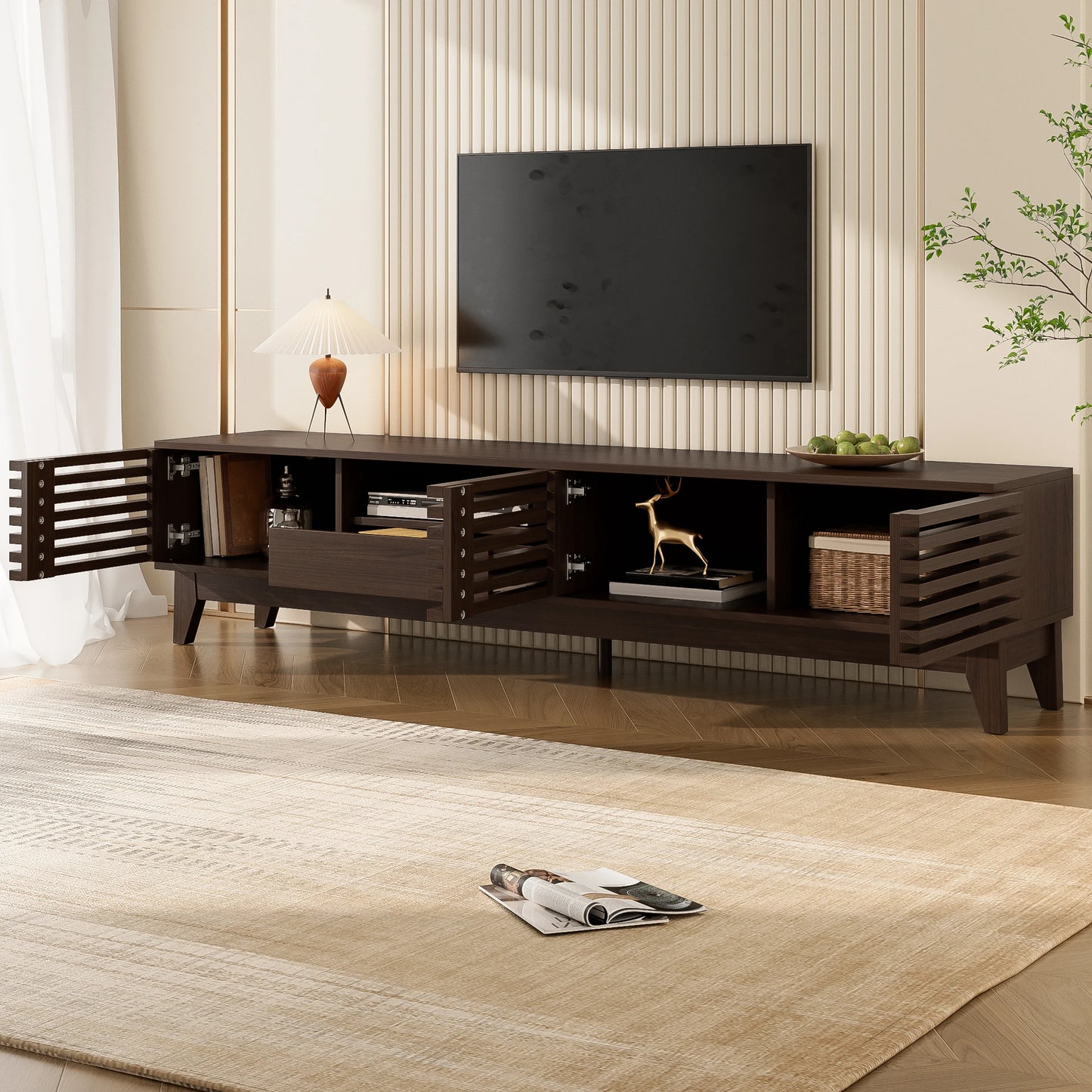 TV-bänk med låda och tre dörrar – Vintage träfinish