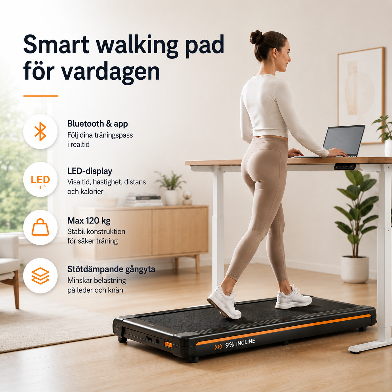 Gångband Walking Pad med 9% Lutning – Hopfällbart Tyst Löpband för Hem & Kontor