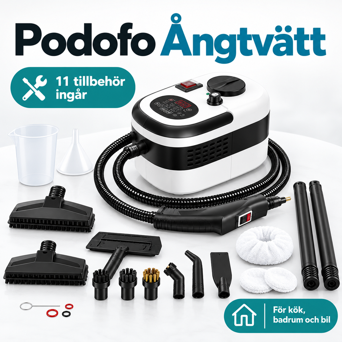 Podofo 2500W Ångtvätt – Portabel ångrengörare med 1,2 L vattentank, 6 ångnivåer och 11 tillbehör
