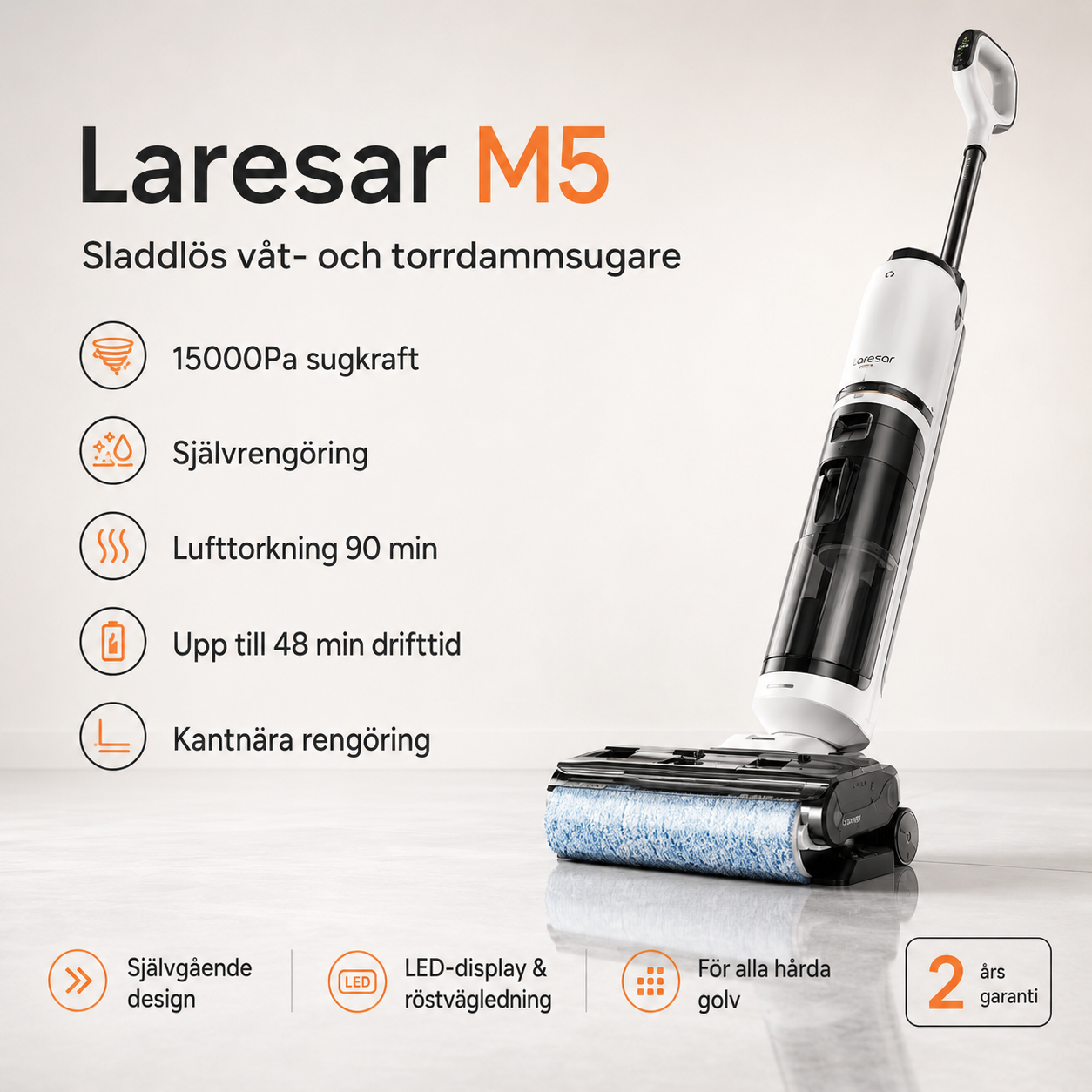 Laresar M5 Våt- och Torrdammsugare – Sladdlös Golvtvätt med Självrengöring