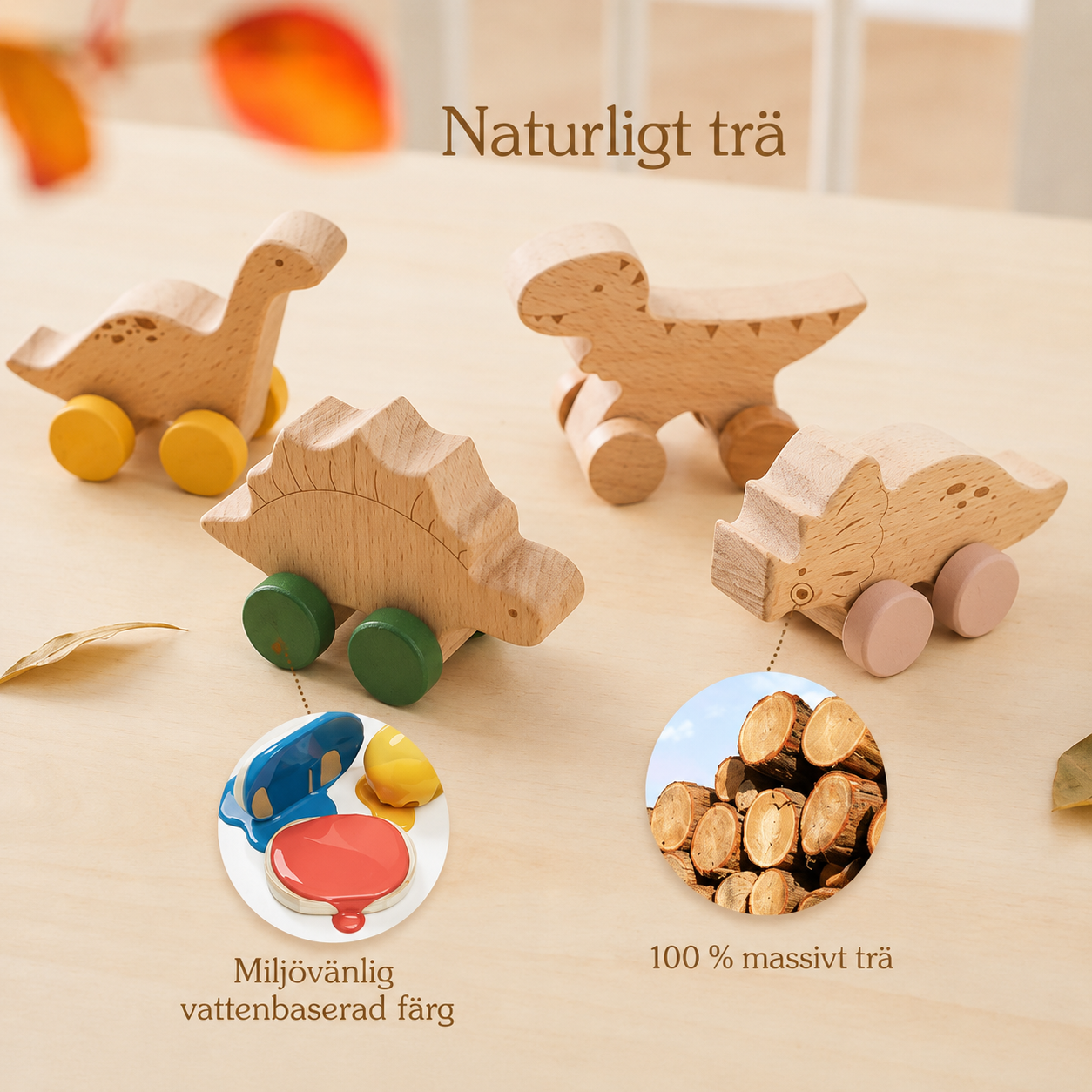 Dinosauriebil i bokträ – pedagogisk Montessorileksak
