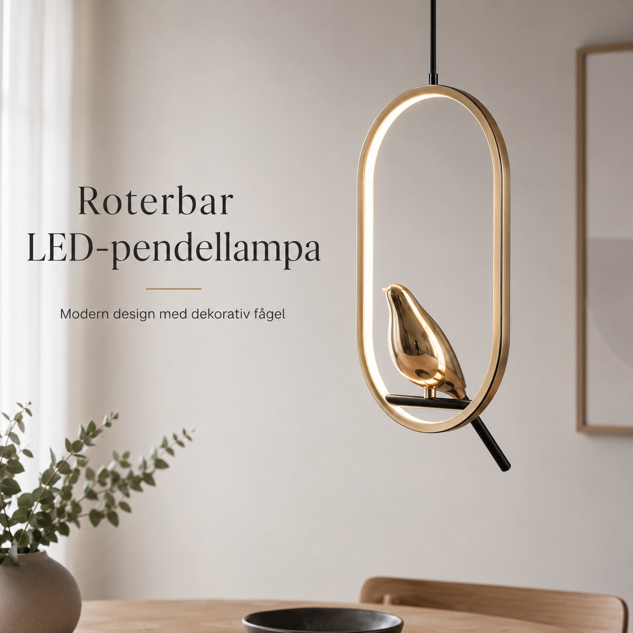 Roterbar LED-pendellampa med skata – modern taklampa i metall