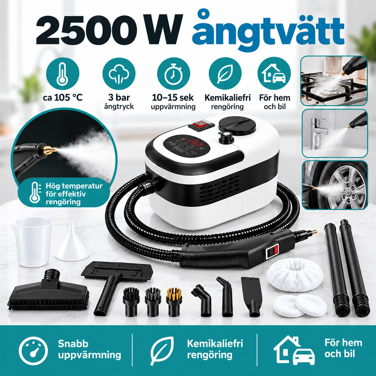 Podofo 2500W Ångtvätt – Portabel ångrengörare med 1,2 L vattentank, 6 ångnivåer och 11 tillbehör