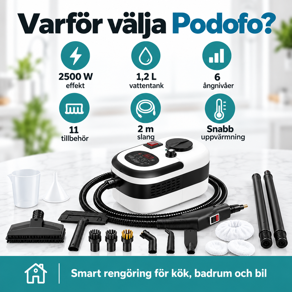 Podofo 2500W Ångtvätt – Portabel ångrengörare med 1,2 L vattentank, 6 ångnivåer och 11 tillbehör