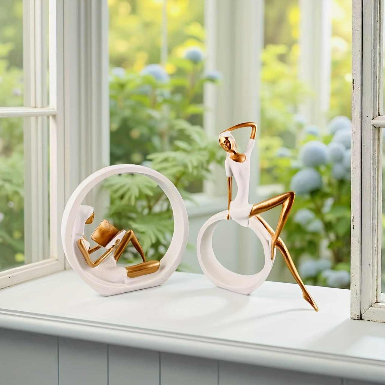 2 Yoga‑flickor + 1 Läsande Flicka – Nordiska Resinfigurer, Elegant Konst & Heminredning