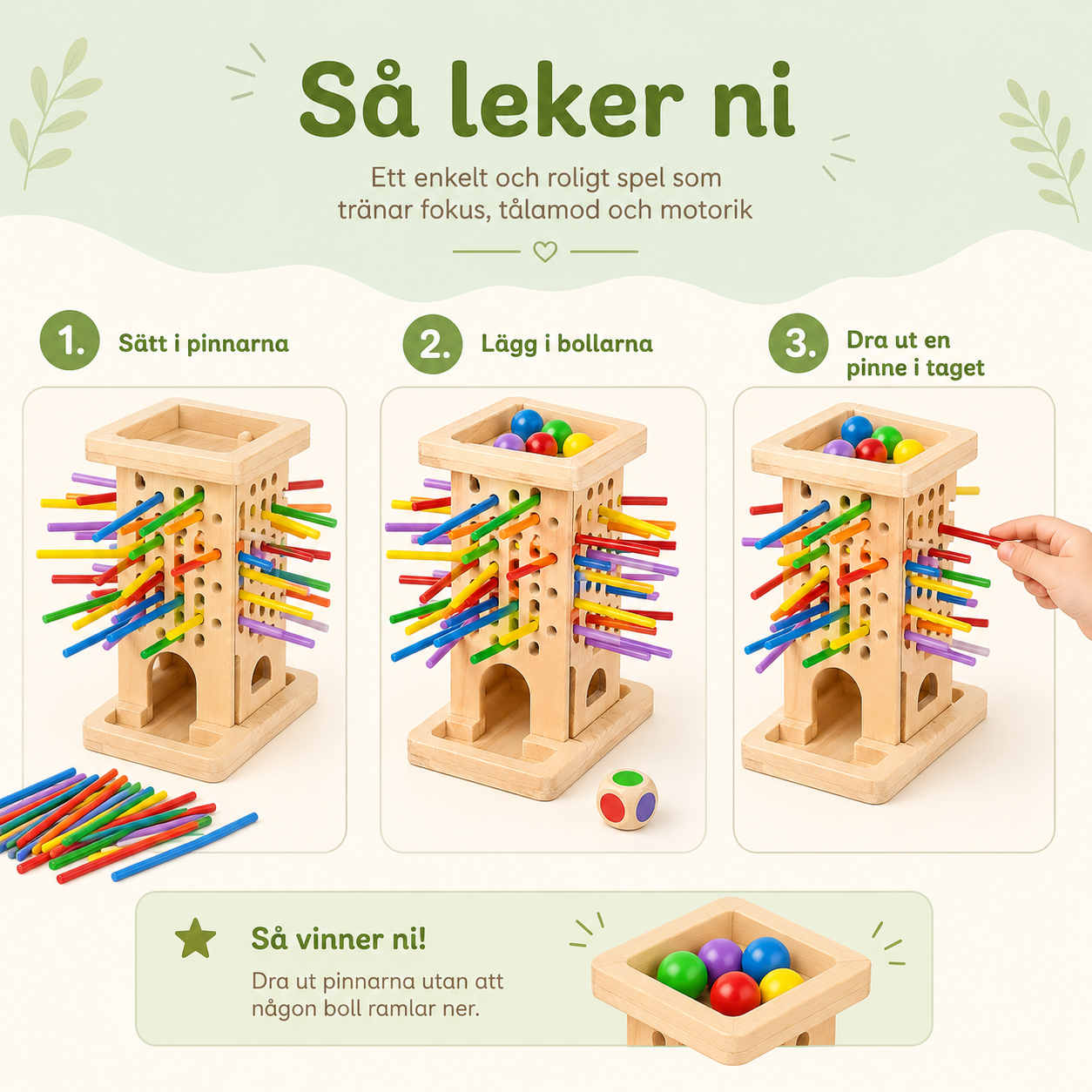 Färgglatt Montessori-spel med pinnar och bollar
