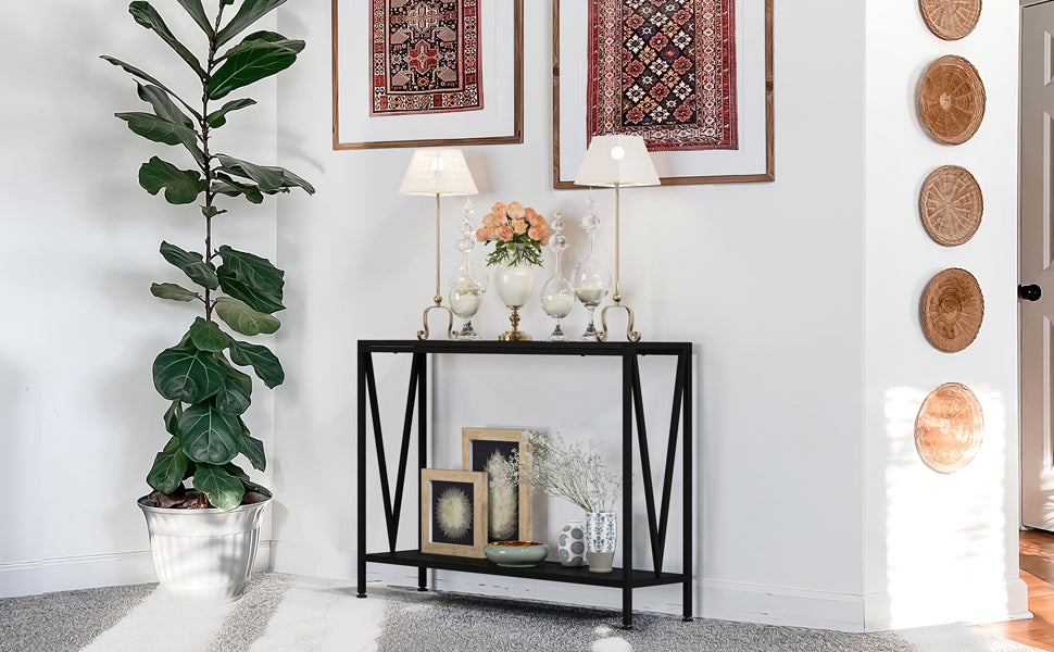 2-Vånings Konsolbord – Smal Design med V-Stöd – 109×25×76 cm – Svart / Retro
