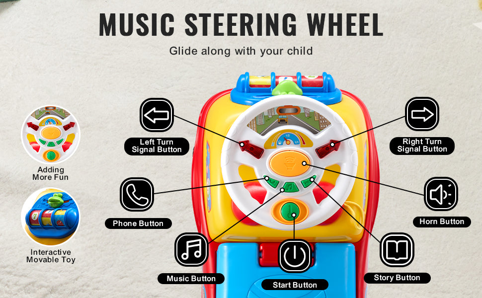 🚗 VEVOR Barnbil med Musik – För Barn 1–3 år – Sitt & Kör – Med Förvaring & Ryggstöd